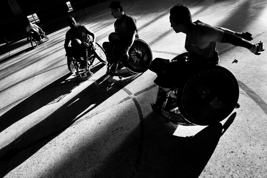 Colombian disabled athletes play wheelchair rugby (murderball) in the indoor sporting arena Coliseo, Bogota, Colombia.