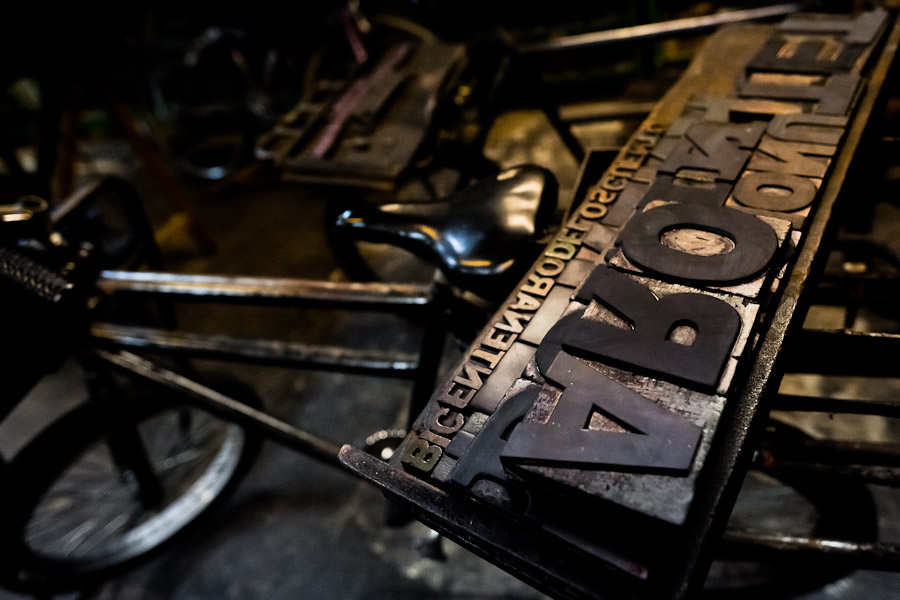 Letterpress types, made of wood, placed in a tray in the vintage print shop in Cali, Colombia.