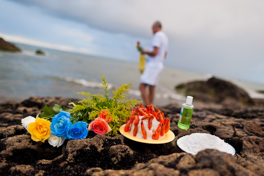 Offerings (flowers, perfume, rice) put on the seashore during the ritual celebration of Yemanjá, the goddess of the sea, in Salvador, Bahia, Brazil.